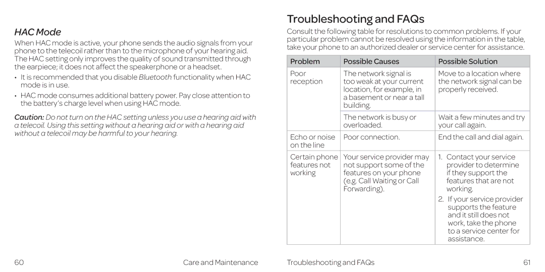 AT&T Z432 manual Troubleshooting and FAQs, HAC Mode, Overloaded Your call again Echo or noise Poor connection 