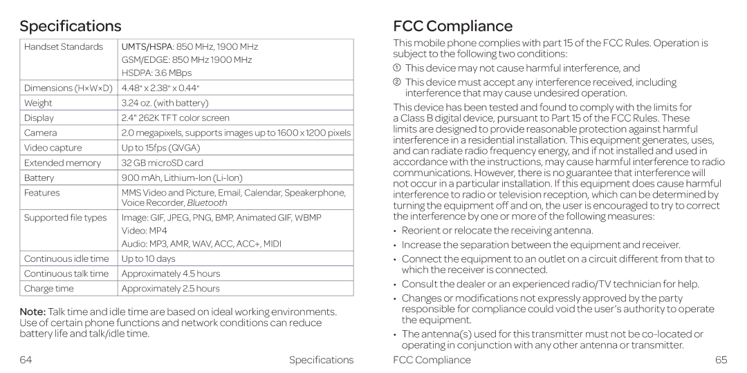 AT&T Z432 manual Specifications, FCC Compliance 