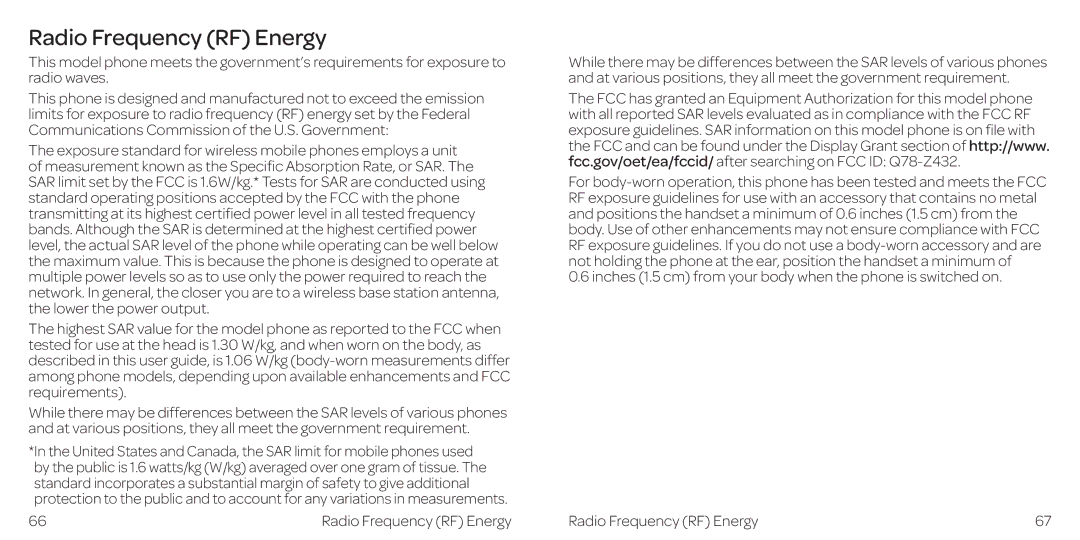 AT&T Z432 manual Radio Frequency RF Energy 