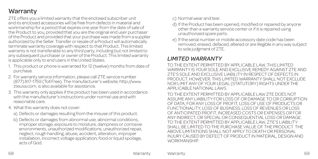 AT&T Z432 manual Warranty 