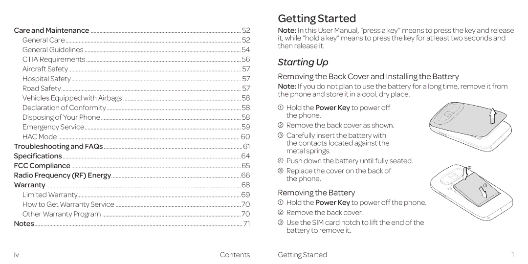 AT&T Z432 manual Getting Started, Starting Up, Removing the Back Cover and Installing the Battery, Removing the Battery 