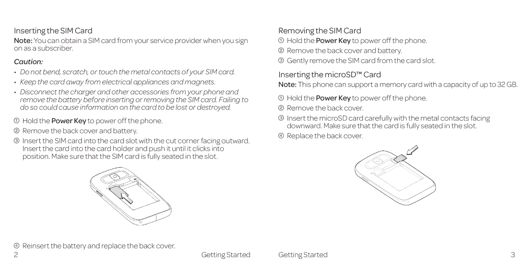 AT&T Z432 manual Inserting the SIM Card, Removing the SIM Card, Inserting the microSD Card 