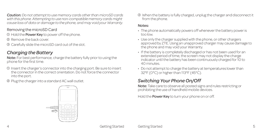 AT&T Z432 manual Charging the Battery, Switching Your Phone On/Off, Removing the microSD Card 