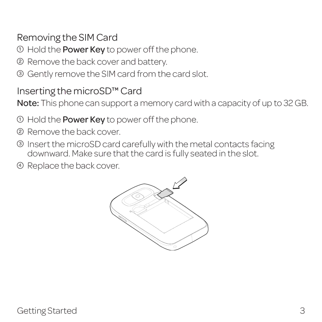 AT&T Z432 manual Removing the SIM Card, Inserting the microSD Card 