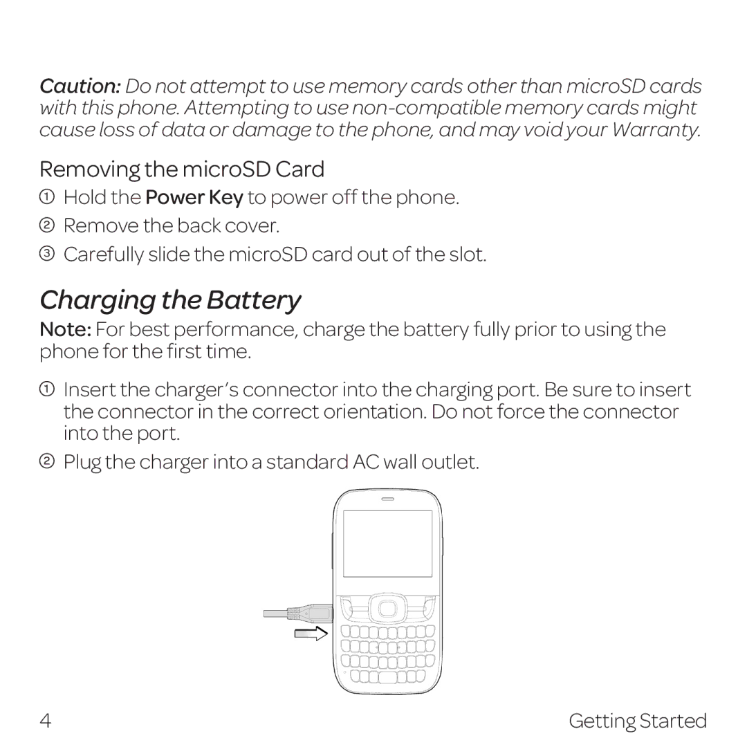 AT&T Z432 manual Charging the Battery, Removing the microSD Card 