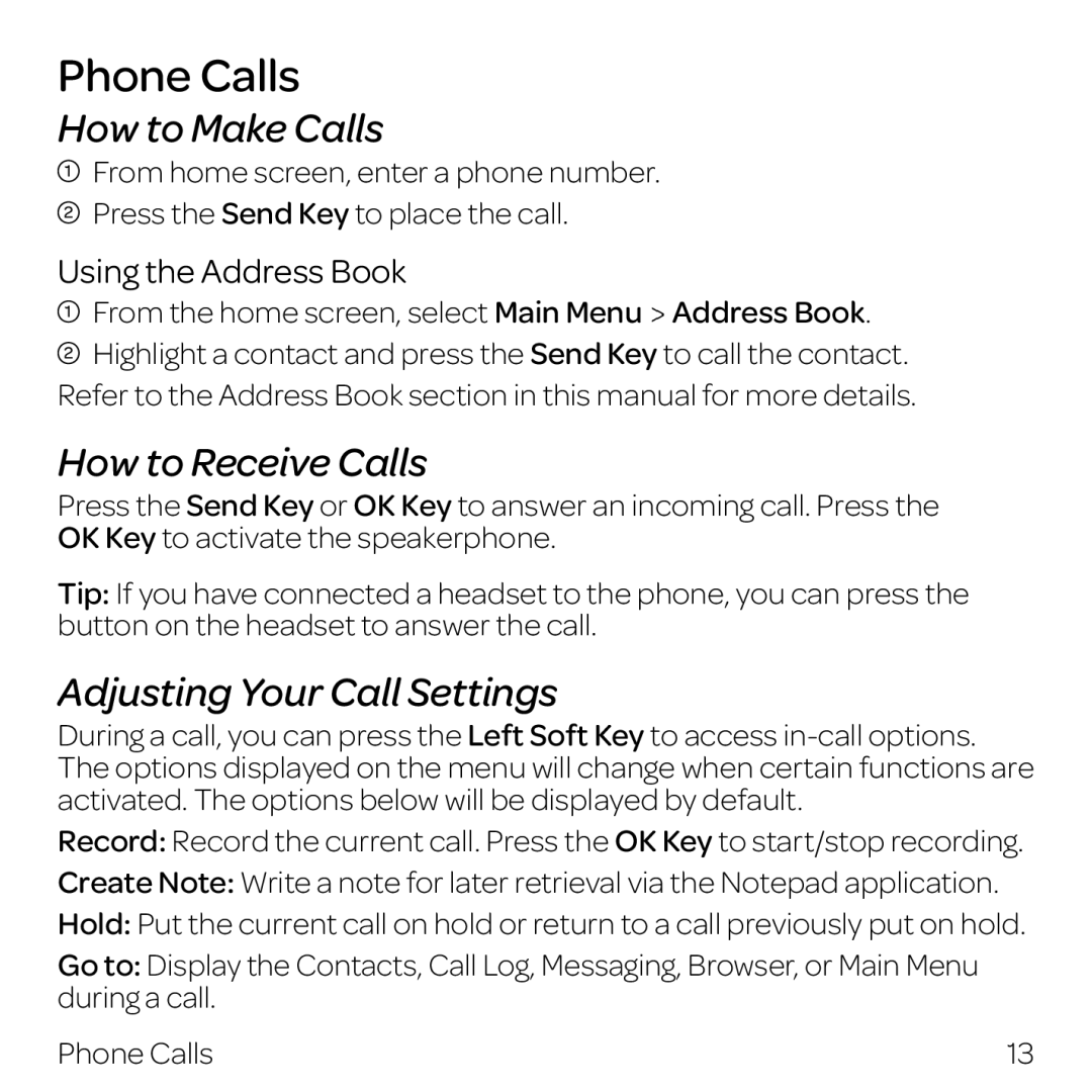 AT&T Z432 manual Phone Calls, How to Make Calls, How to Receive Calls, Adjusting Your Call Settings, Using the Address Book 
