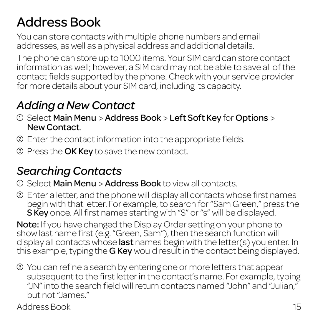 AT&T Z432 manual Address Book, Adding a New Contact, Searching Contacts 