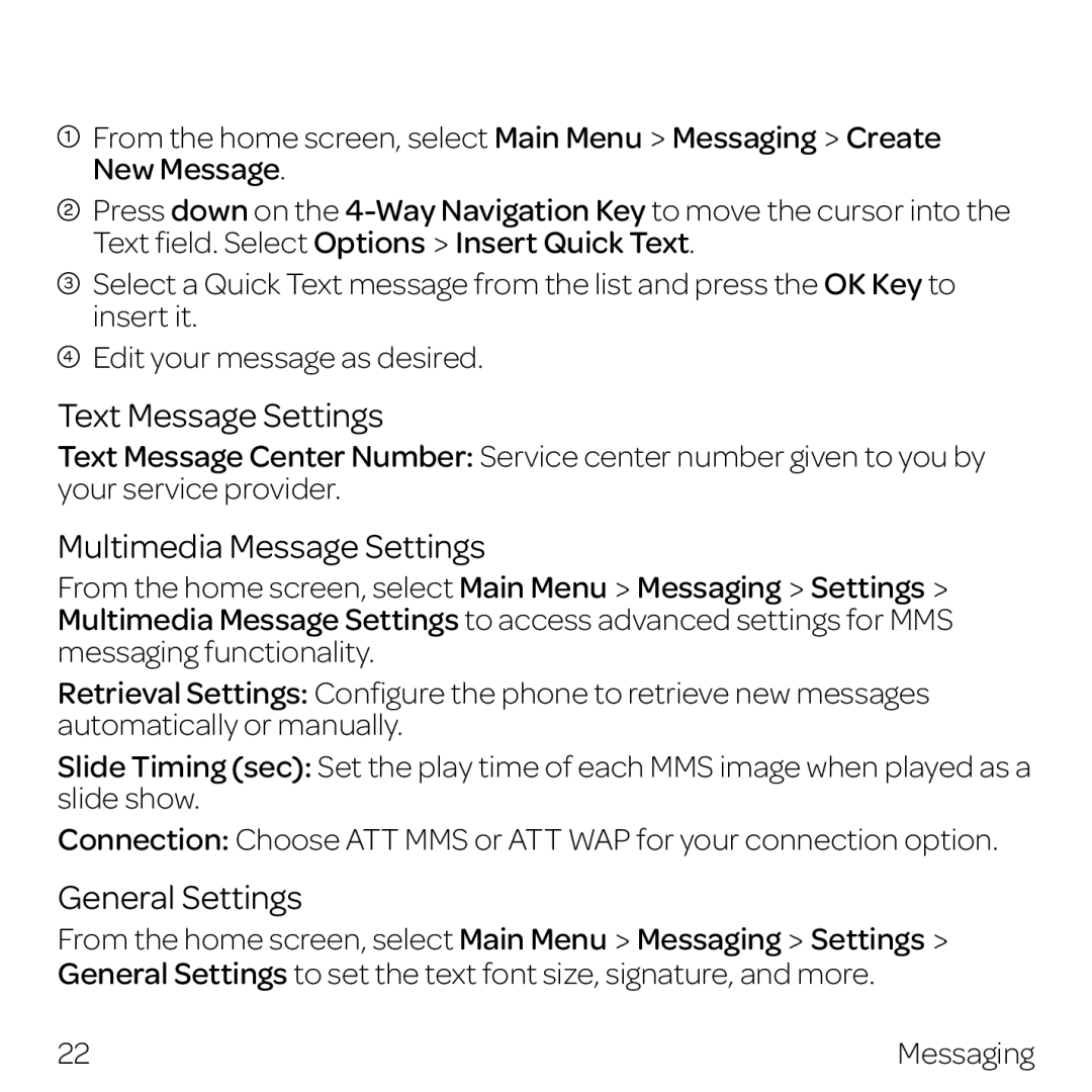 AT&T Z432 manual Text Message Settings, Multimedia Message Settings, General Settings 