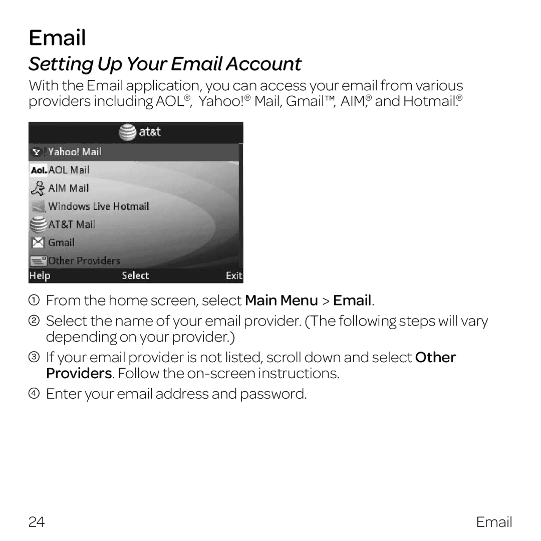 AT&T Z432 manual Setting Up Your Email Account 