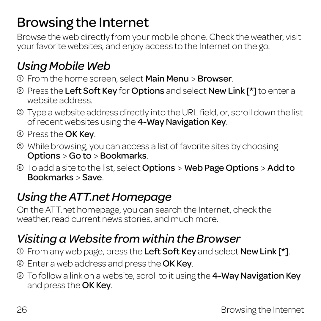 AT&T Z432 Browsing the Internet, Using Mobile Web, Using the ATT.net Homepage, Visiting a Website from within the Browser 