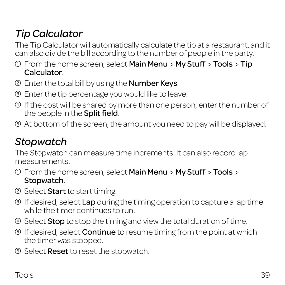 AT&T Z432 manual Tip Calculator, Stopwatch 