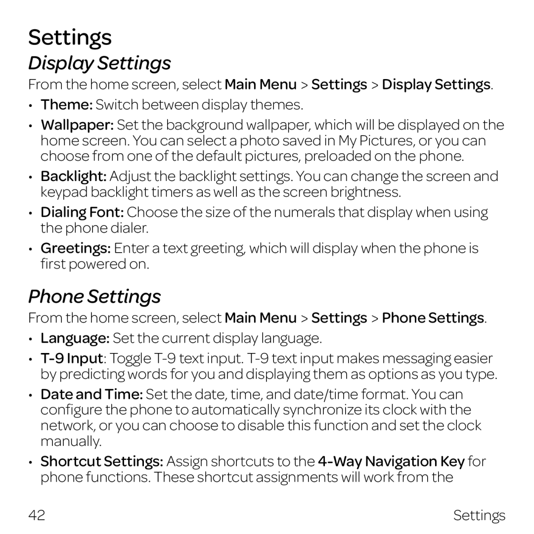 AT&T Z432 manual Display Settings, Phone Settings 