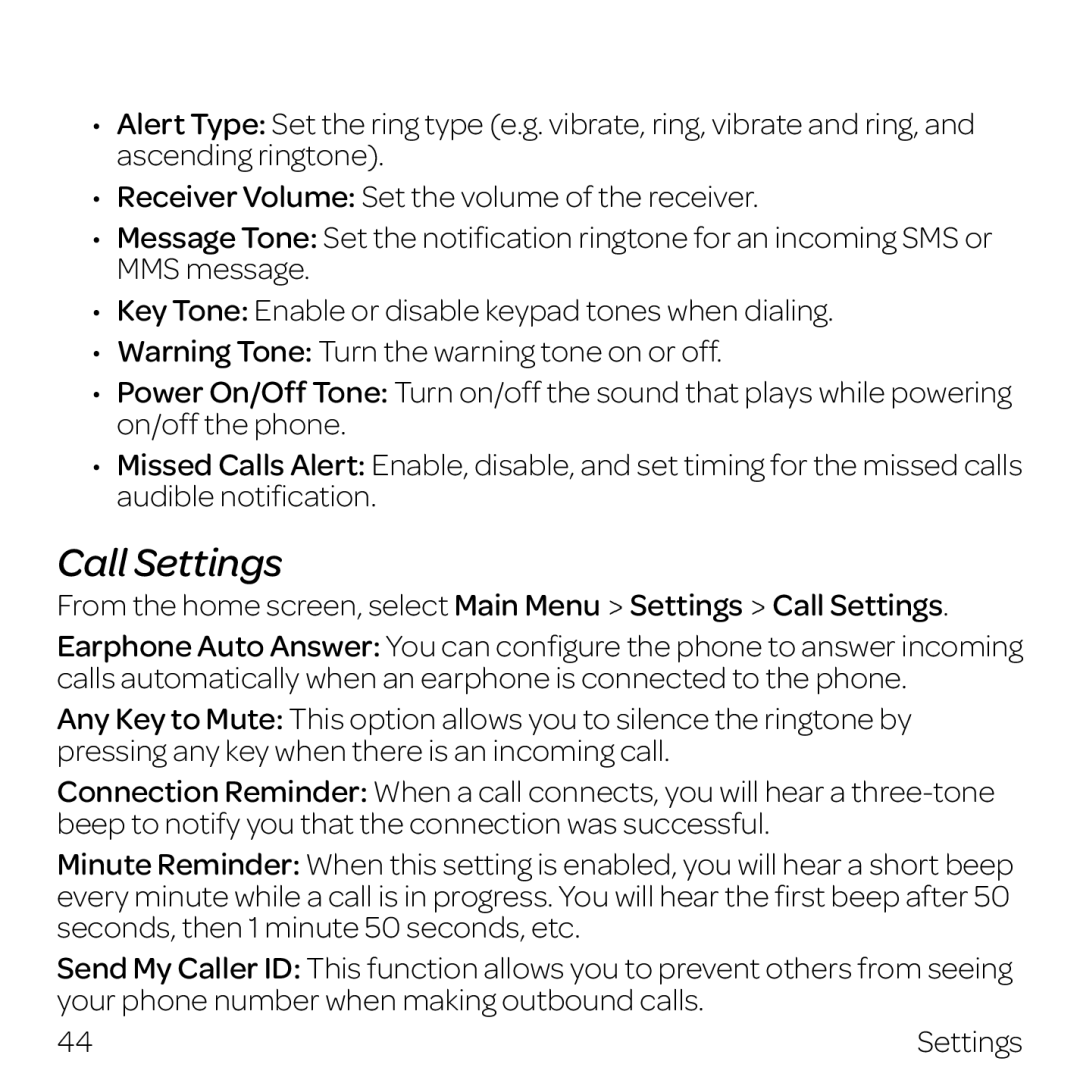 AT&T Z432 manual Call Settings 