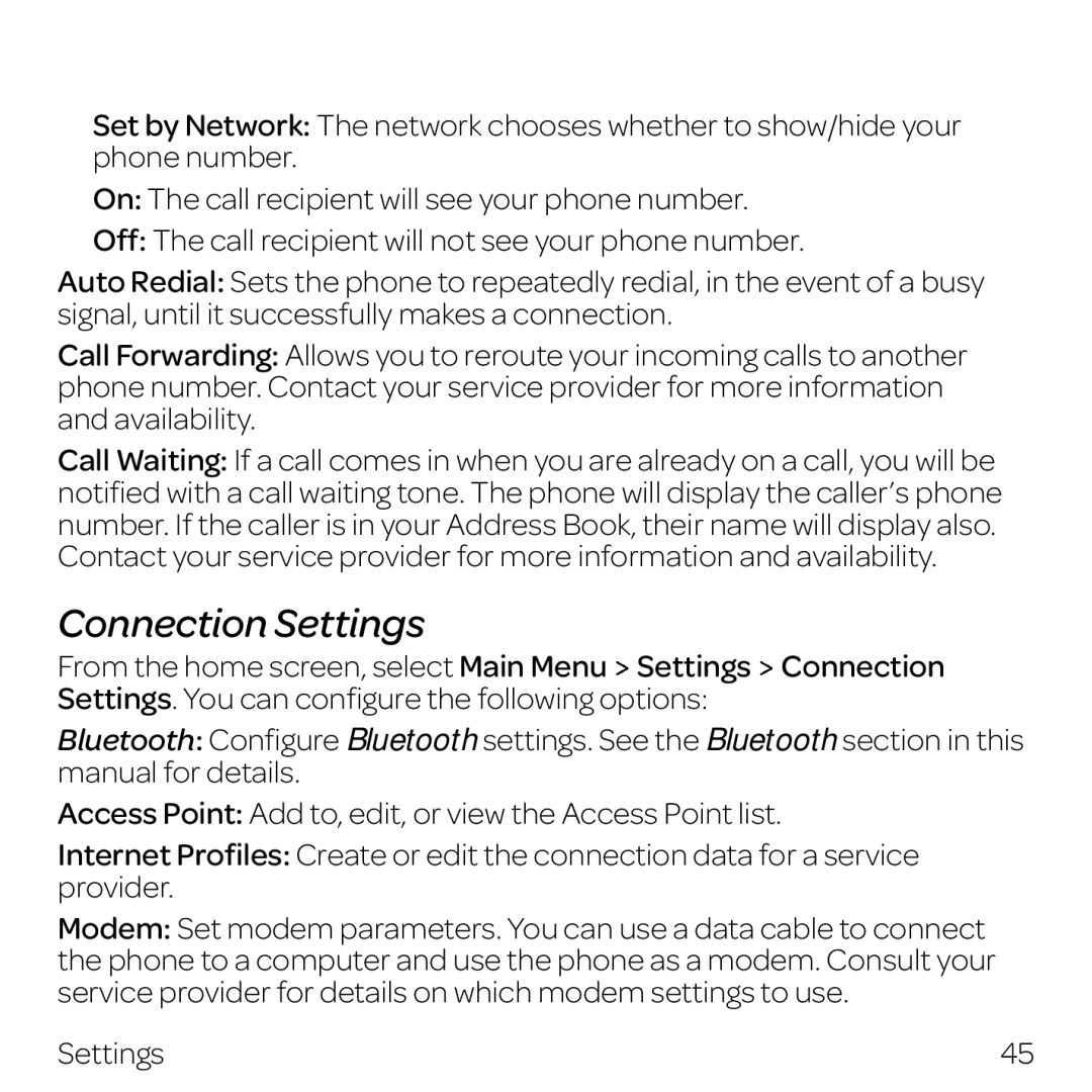 AT&T Z432 manual Connection Settings 