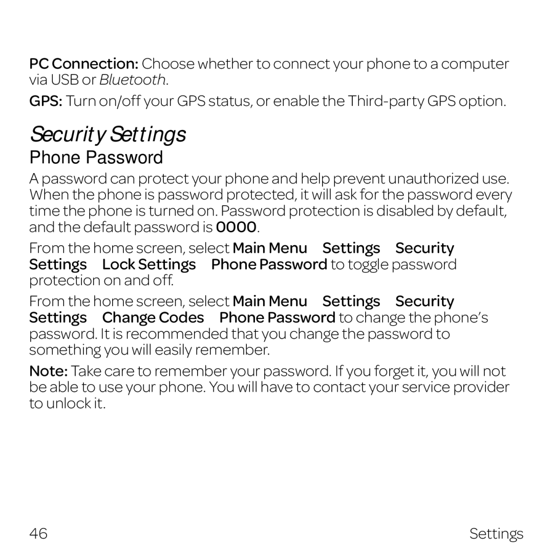 AT&T Z432 manual Security Settings, Phone Password 
