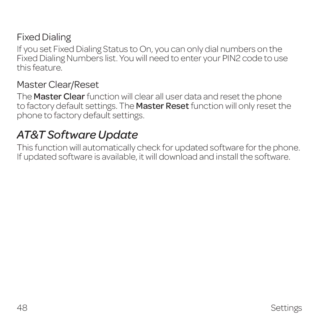 AT&T Z432 manual AT&T Software Update, Fixed Dialing, Master Clear/Reset 