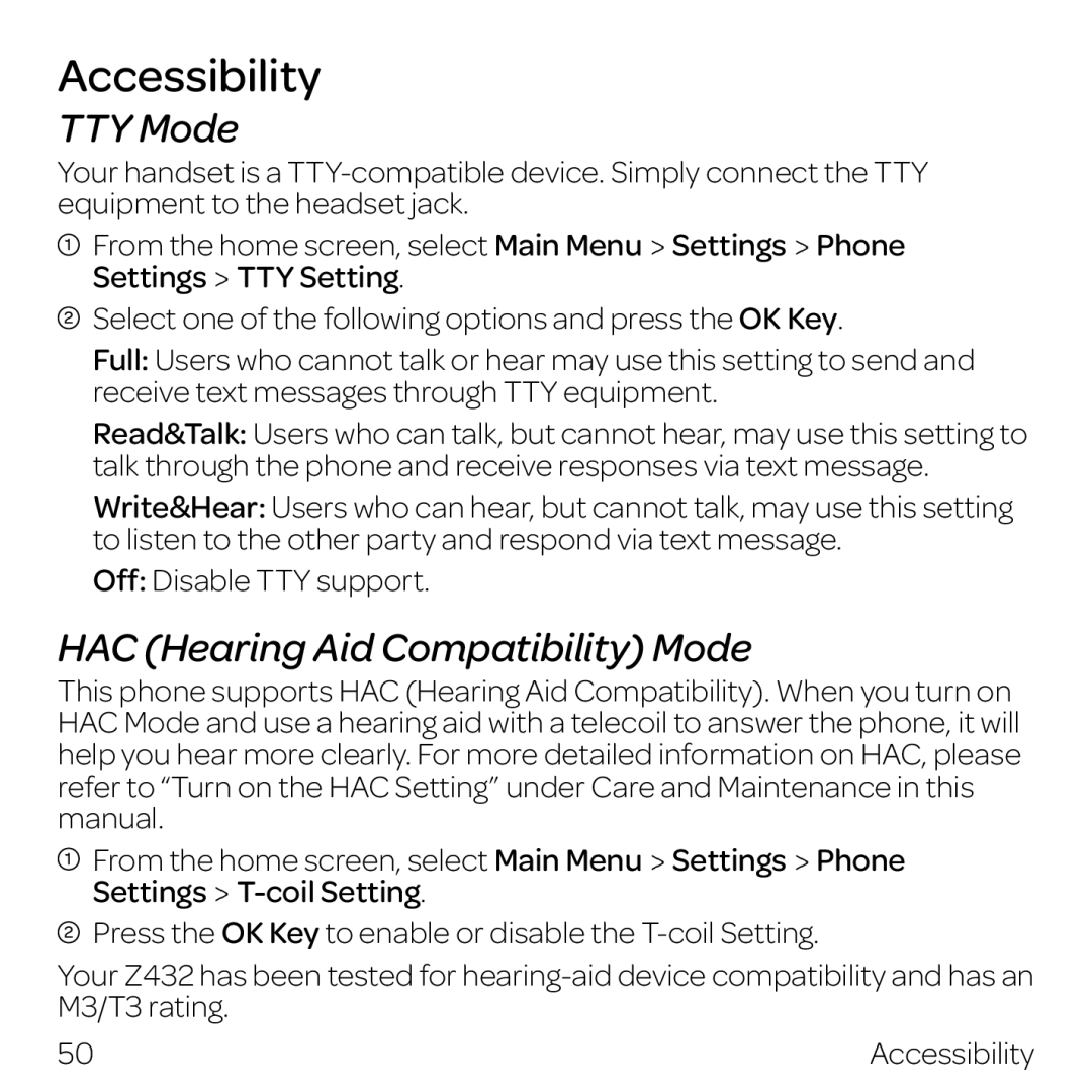 AT&T Z432 manual Accessibility, TTY Mode, HAC Hearing Aid Compatibility Mode 