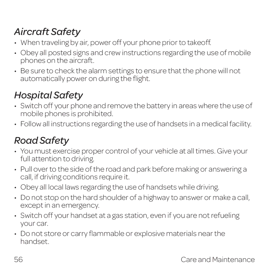 AT&T Z432 manual Aircraft Safety, Hospital Safety, Road Safety 