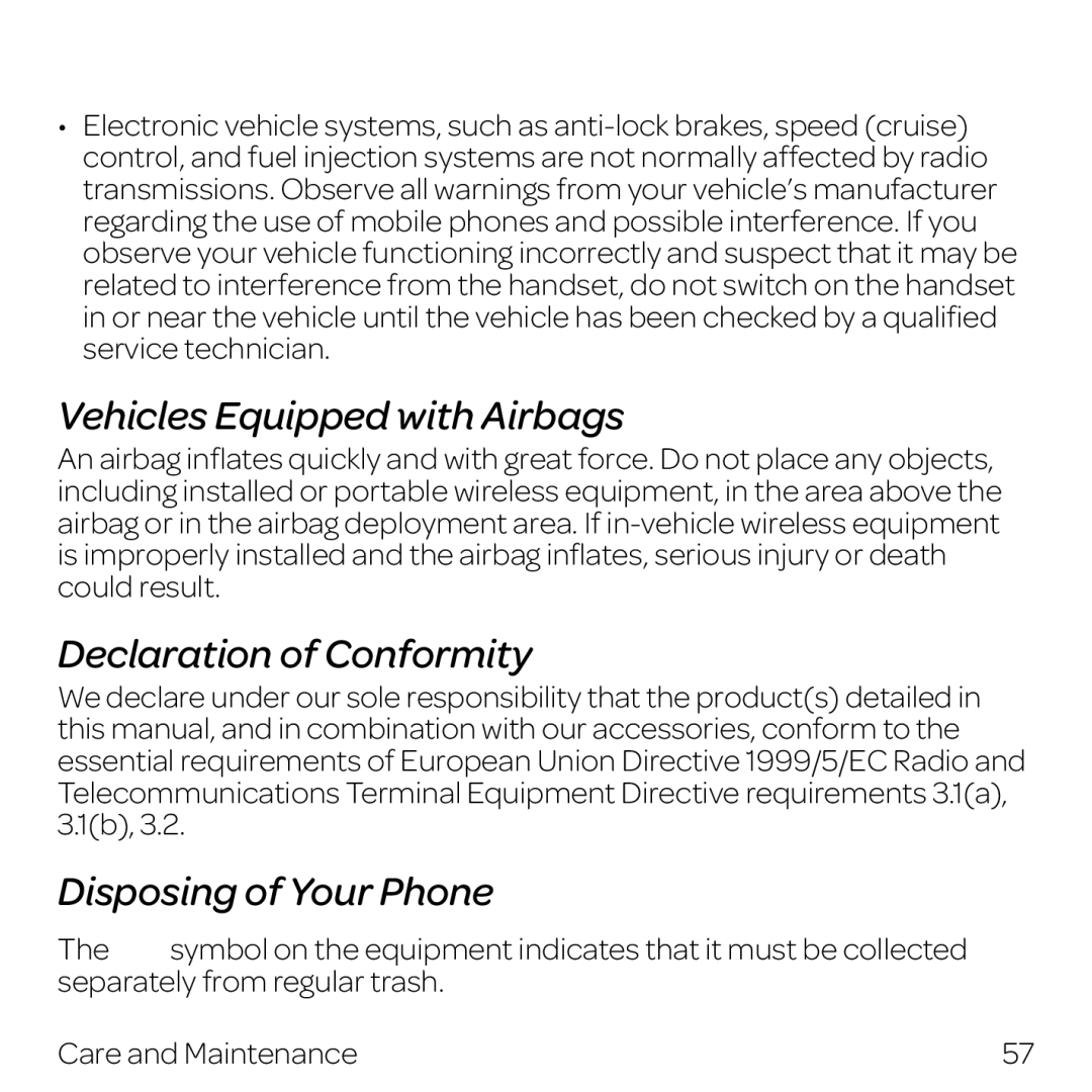 AT&T Z432 manual Vehicles Equipped with Airbags, Declaration of Conformity, Disposing of Your Phone 