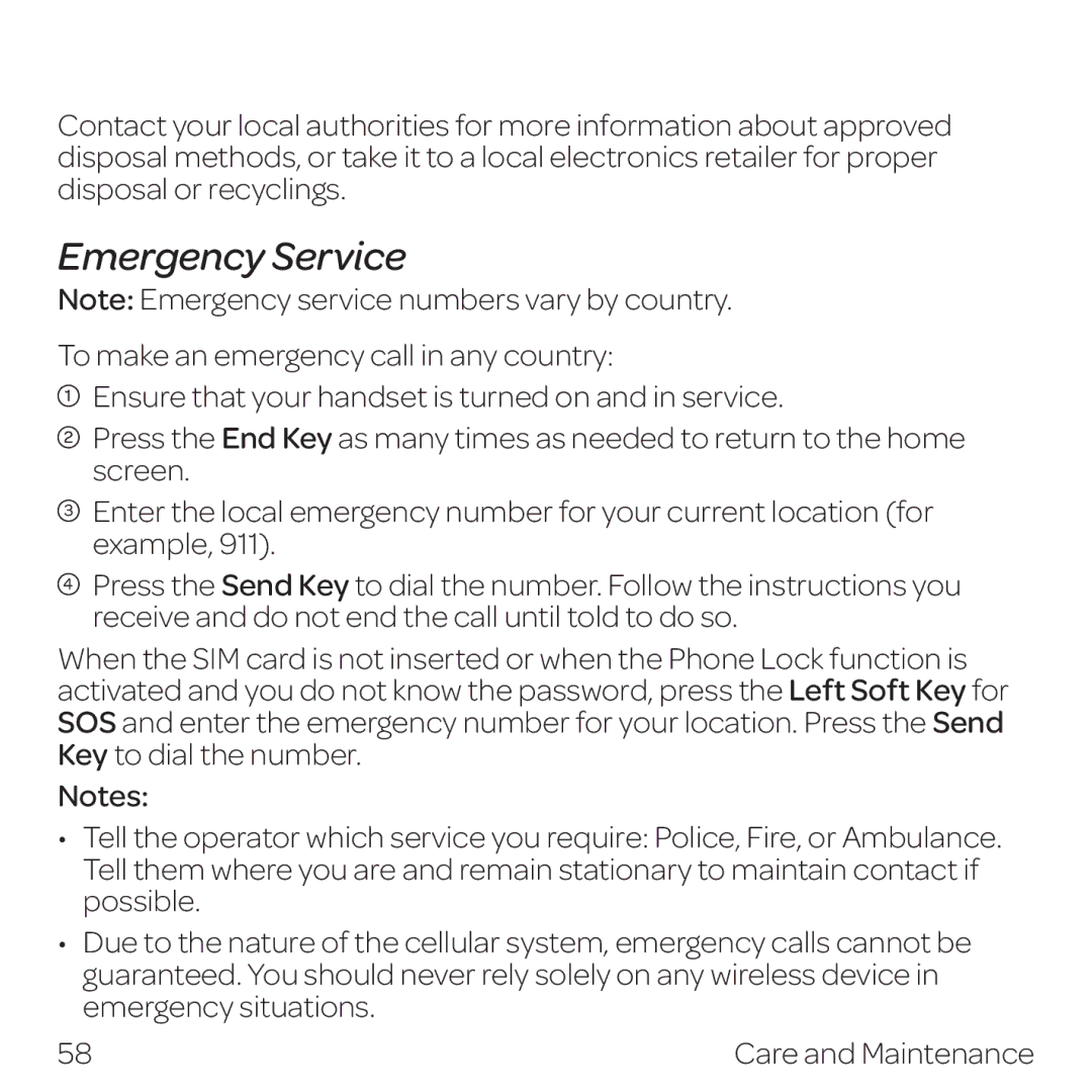 AT&T Z432 manual Emergency Service 