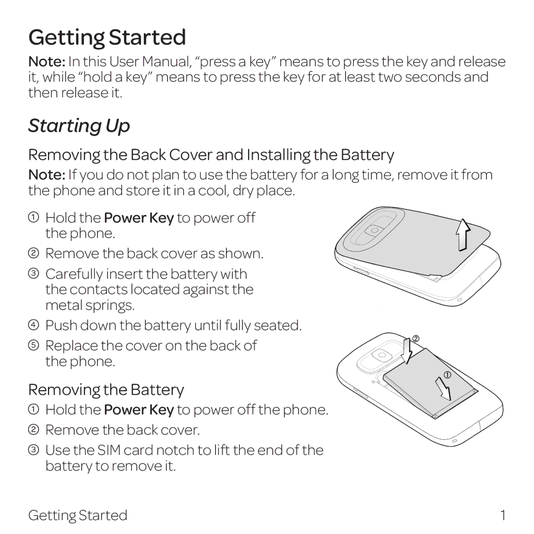 AT&T Z432 manual Getting Started, Starting Up, Removing the Back Cover and Installing the Battery, Removing the Battery 