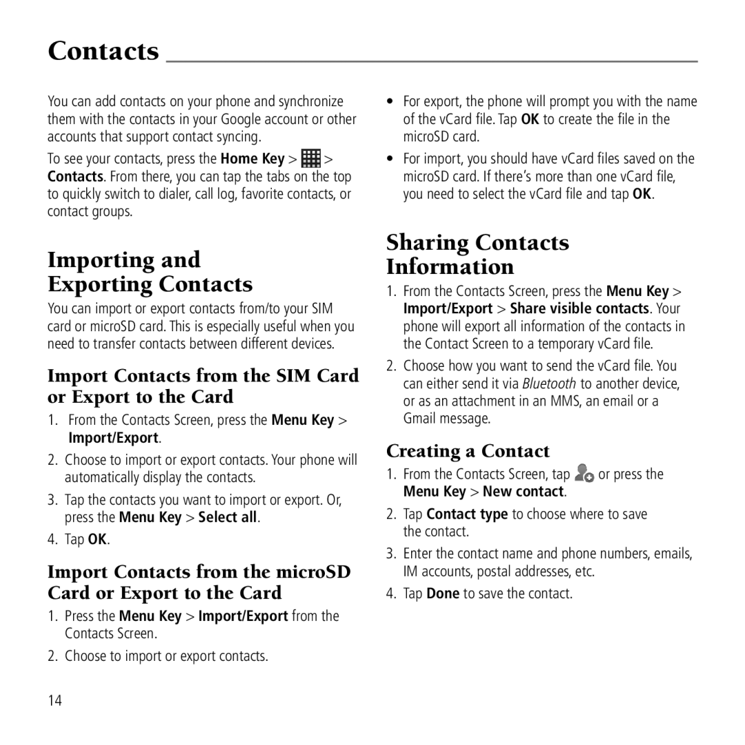 AT&T Z990 user manual Importing Exporting Contacts, Sharing Contacts Information 