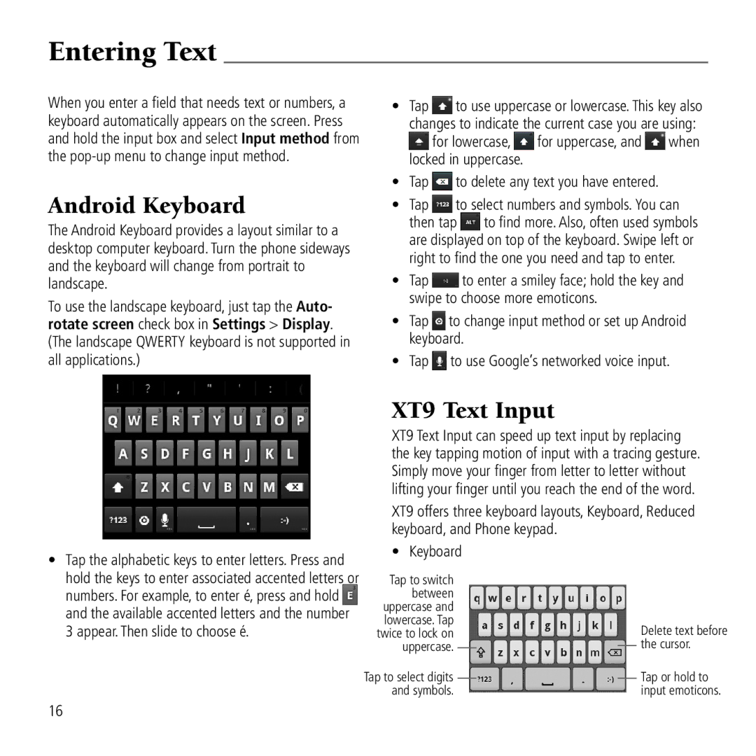 AT&T Z990 user manual Entering Text, Android Keyboard, XT9 Text Input 