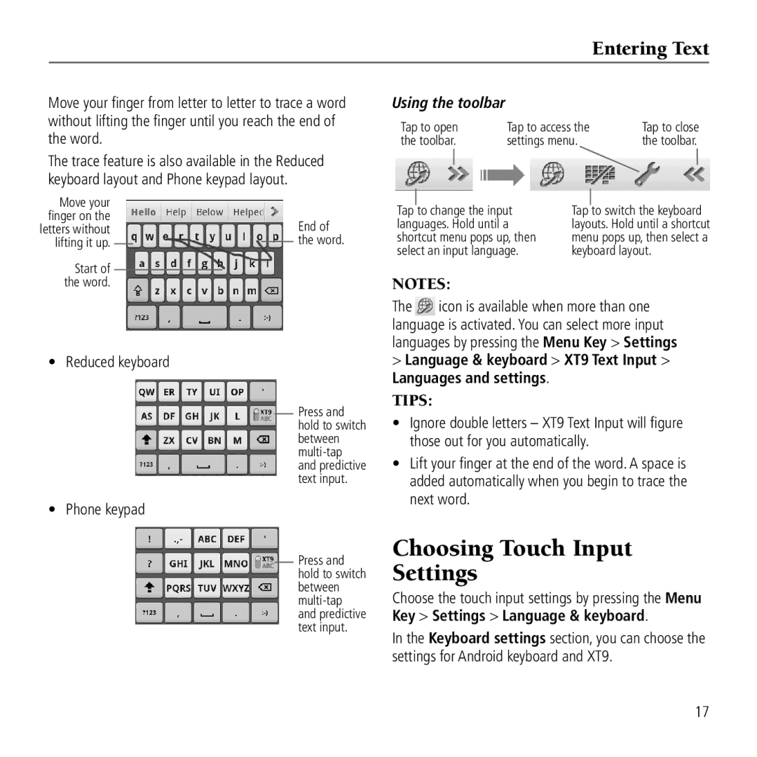 AT&T Z990 user manual Choosing Touch Input Settings, Entering Text, Using the toolbar, Key Settings Language & keyboard 