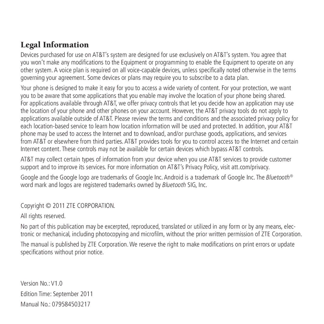 AT&T Z990 user manual Legal Information 