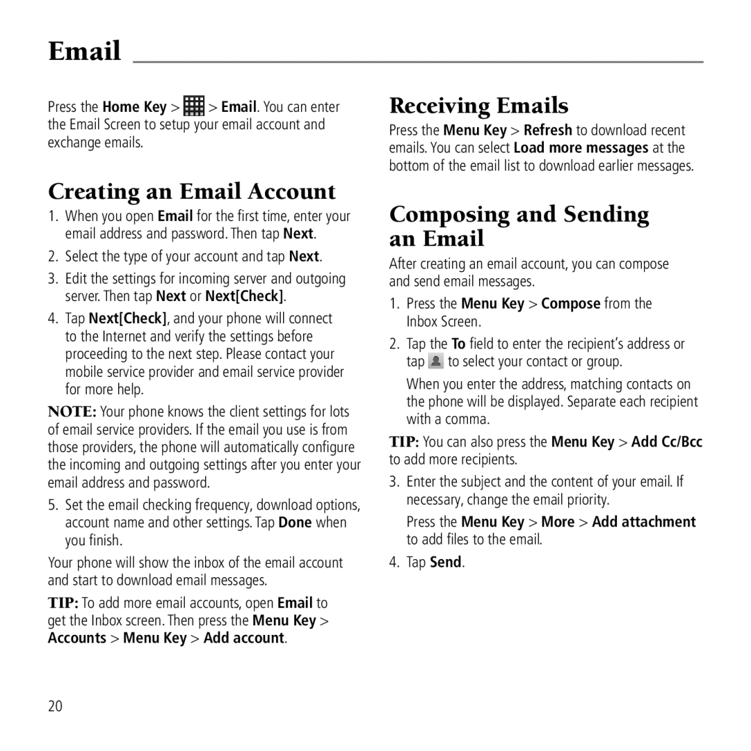 AT&T Z990 user manual Creating an Email Account, Receiving Emails, Composing and Sending an Email 