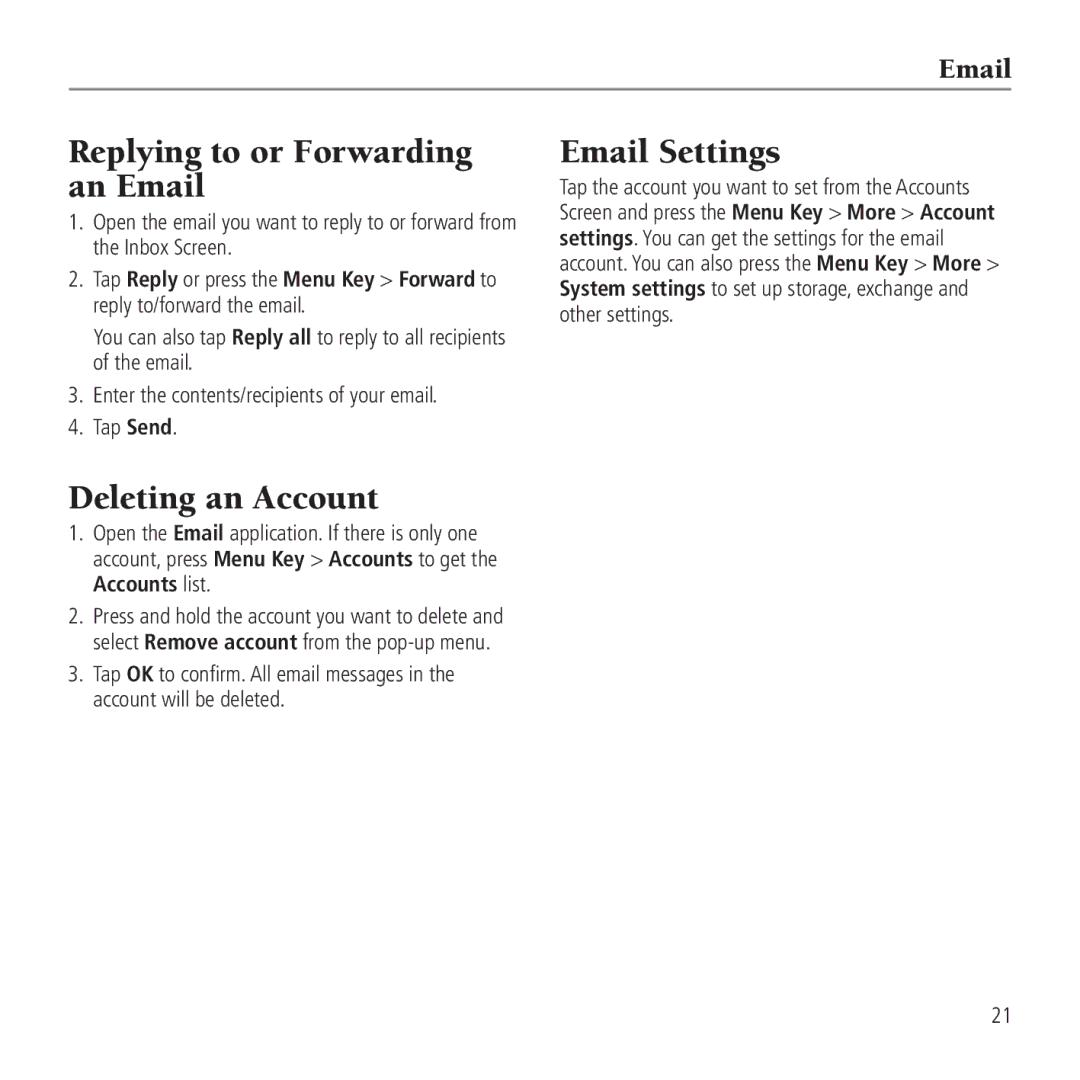 AT&T Z990 user manual Replying to or Forwarding an Email, Deleting an Account, Email Settings 