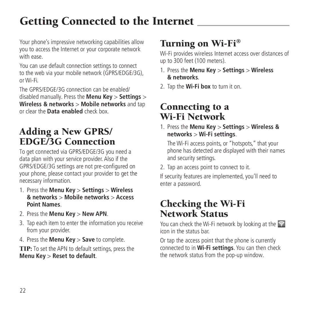 AT&T Z990 user manual Getting Connected to the Internet, Adding a New GPRS/ EDGE/3G Connection, Turning on Wi-Fi 