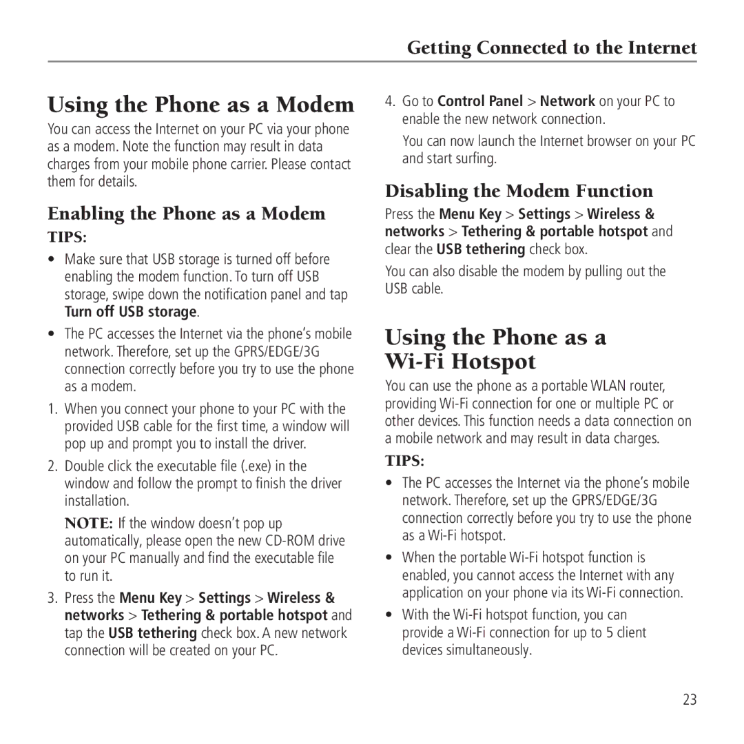 AT&T Z990 user manual Using the Phone as a Modem, Using the Phone as a Wi-Fi Hotspot, Getting Connected to the Internet 