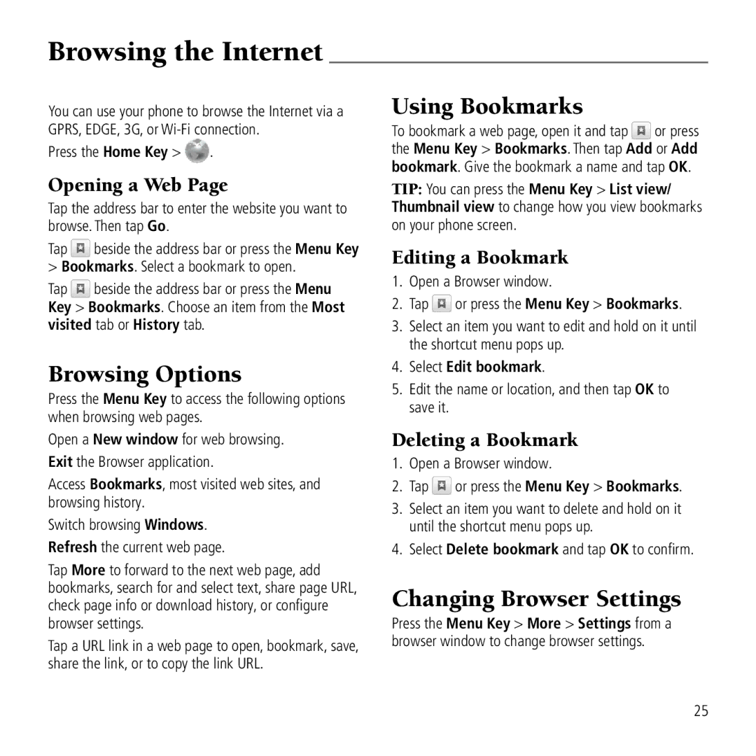 AT&T Z990 user manual Browsing the Internet, Browsing Options, Using Bookmarks, Changing Browser Settings 