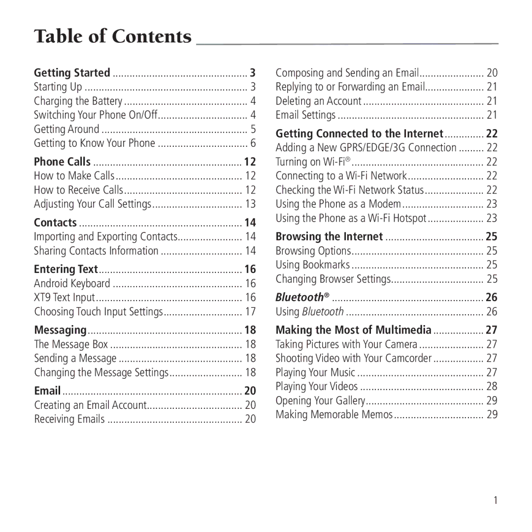 AT&T Z990 user manual Table of Contents 