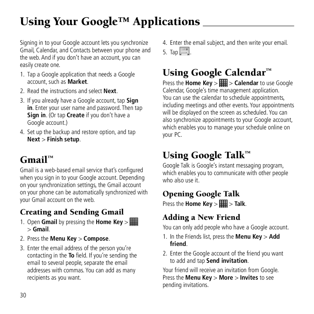 AT&T Z990 user manual Using Your Google Applications, Using Google Calendar, Gmail, Using Google Talk 