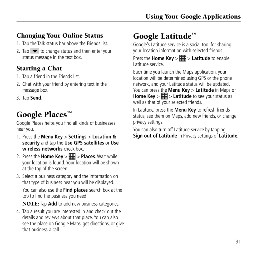 AT&T Z990 Google Places, Google Latitude, Using Your Google Applications Changing Your Online Status, Starting a Chat 
