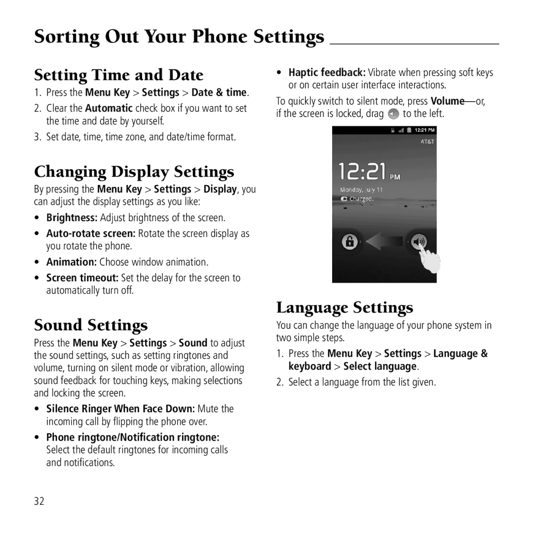 AT&T Z990 user manual Sorting Out Your Phone Settings, Setting Time and Date, Changing Display Settings, Sound Settings 