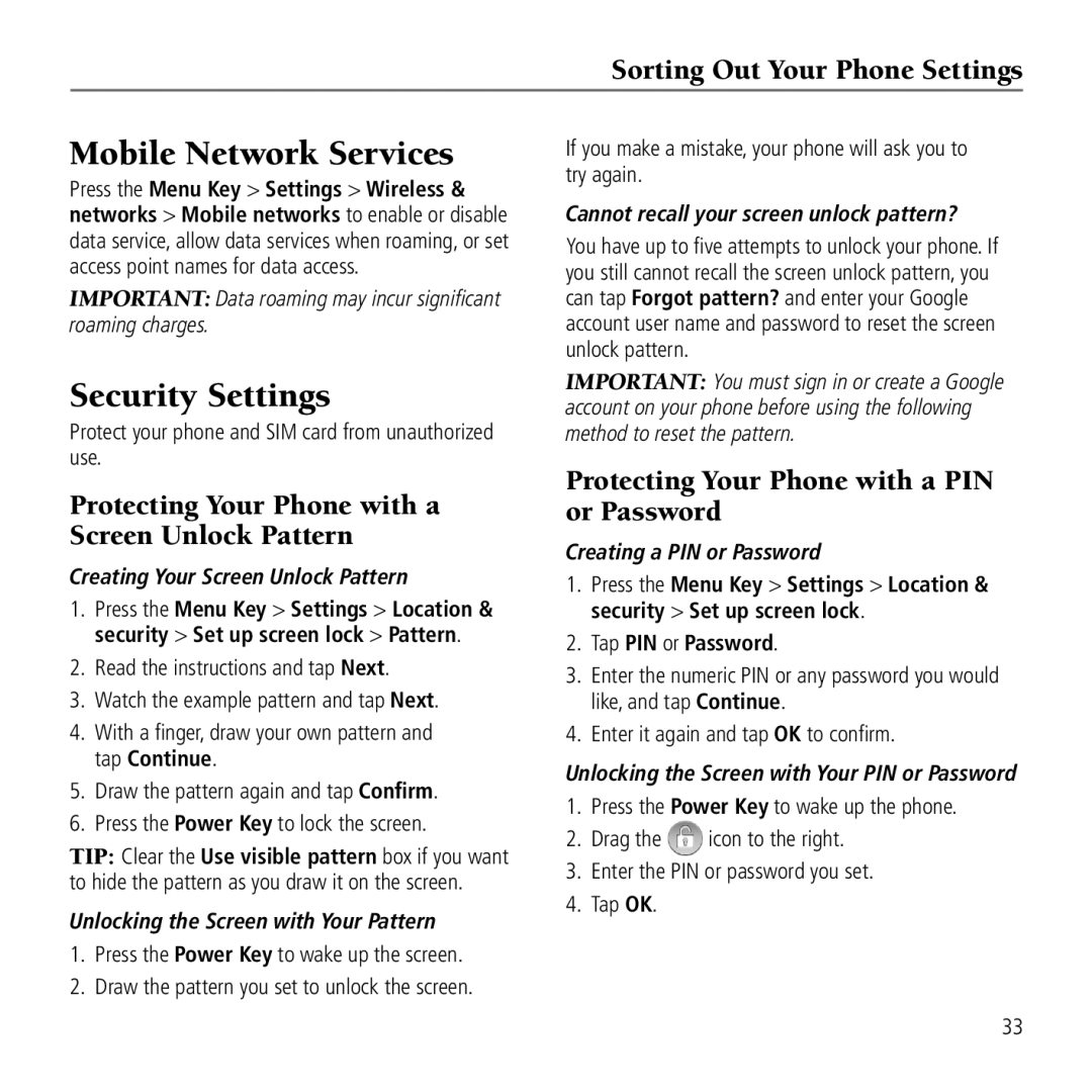 AT&T Z990 user manual Mobile Network Services, Security Settings, Sorting Out Your Phone Settings 