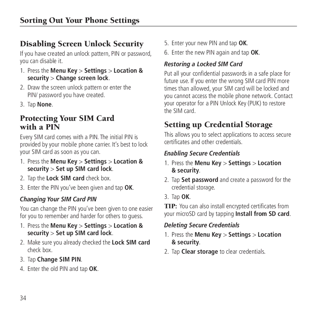 AT&T Z990 user manual Protecting Your SIM Card with a PIN, Setting up Credential Storage, Changing Your SIM Card PIN 