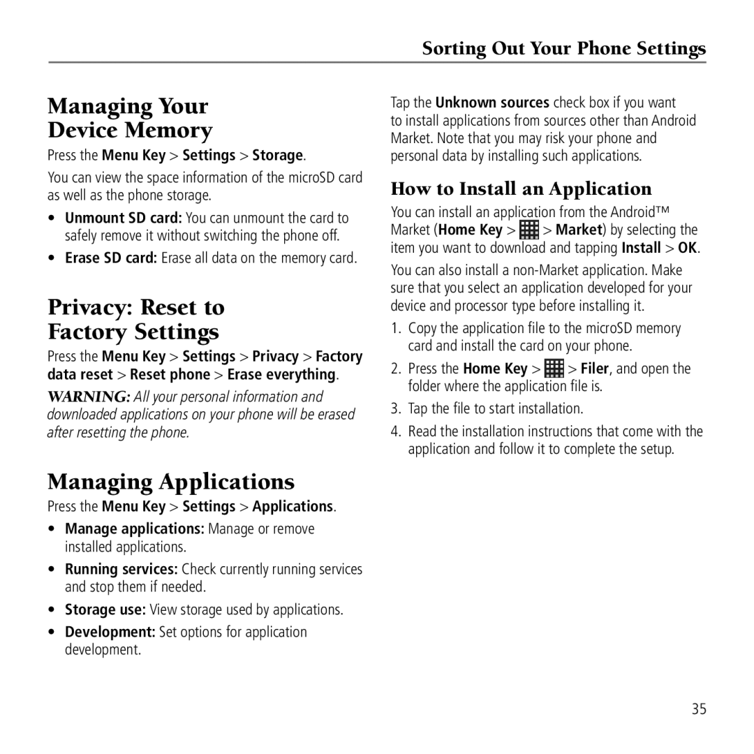 AT&T Z990 user manual Managing Your Device Memory, Privacy Reset to Factory Settings, Managing Applications 