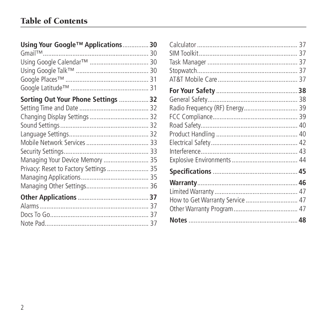 AT&T Z990 user manual Table of Contents 