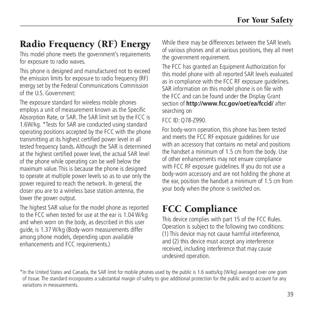 AT&T user manual Radio Frequency RF Energy, FCC Compliance, For Your Safety, FCC ID Q78-Z990 