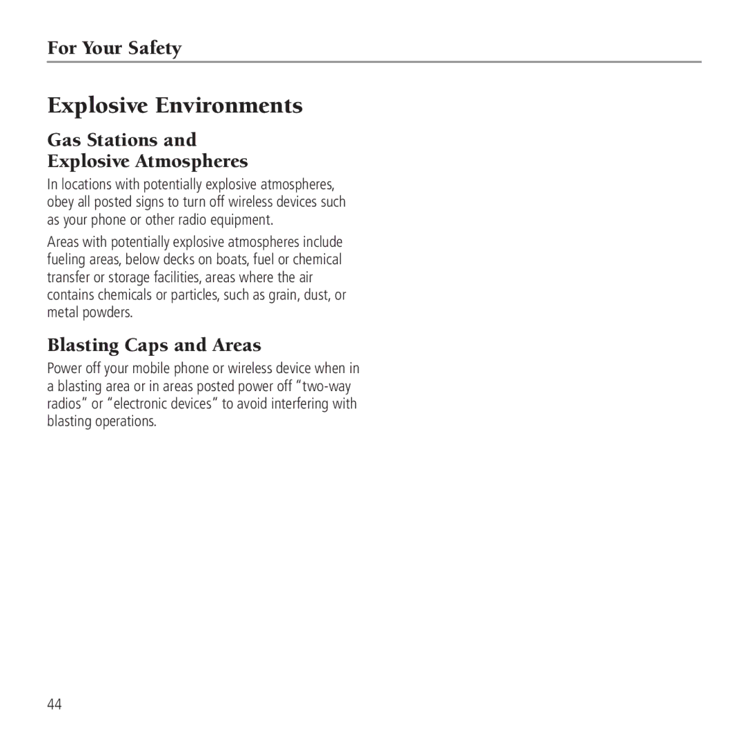 AT&T Z990 user manual Explosive Environments, Gas Stations Explosive Atmospheres, Blasting Caps and Areas 