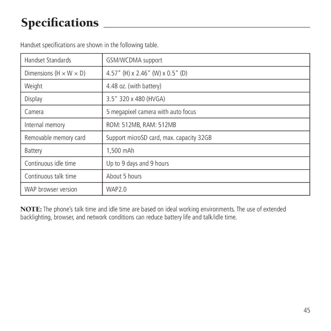 AT&T Z990 user manual Specifications, Support microSD card, max. capacity 32GB 