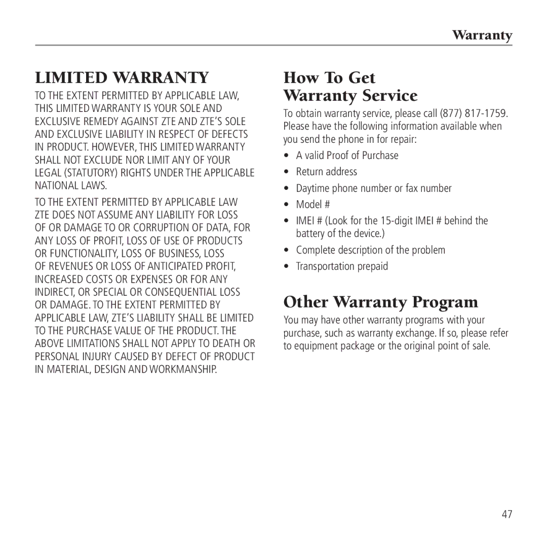 AT&T Z990 user manual How To Get Warranty Service, Other Warranty Program 