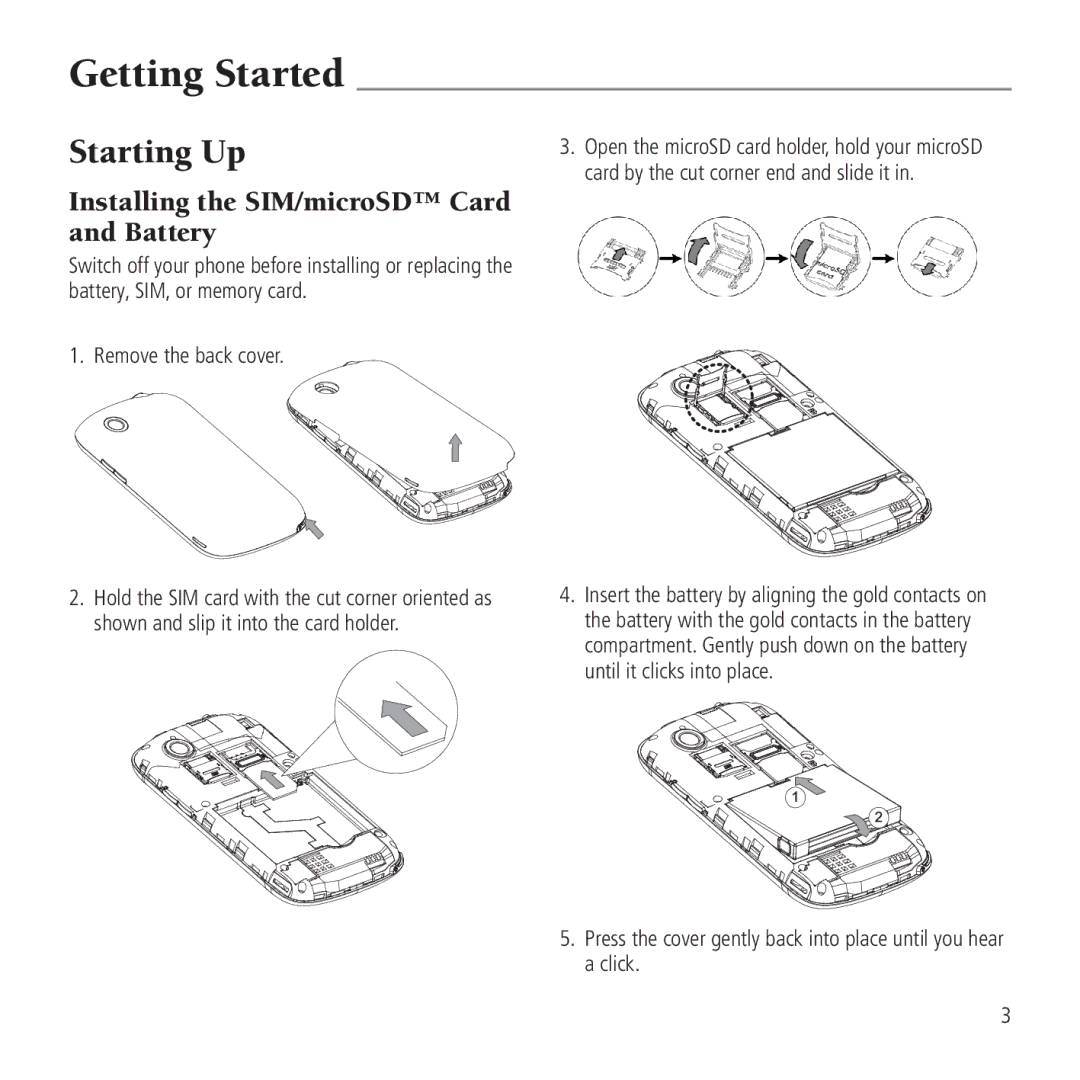 AT&T Z990 user manual Getting Started, Starting Up, Installing the SIM/microSD Card and Battery 