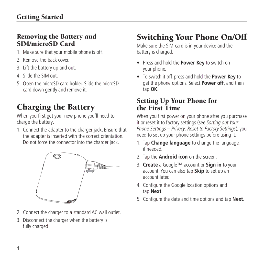 AT&T Z990 Charging the Battery, Switching Your Phone On/Off, Getting Started Removing the Battery SIM/microSD Card 