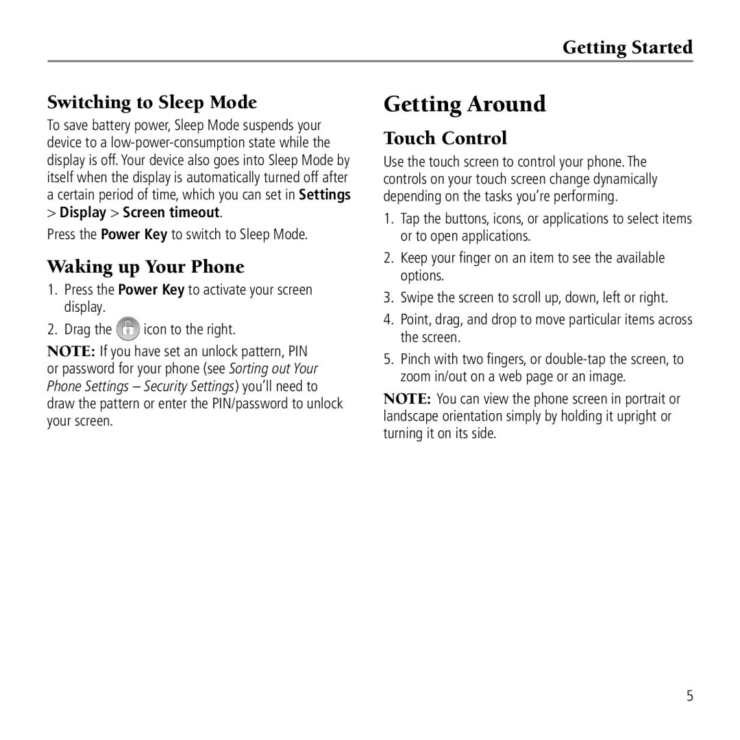 AT&T Z990 user manual Getting Around, Getting Started Switching to Sleep Mode, Waking up Your Phone, Touch Control 