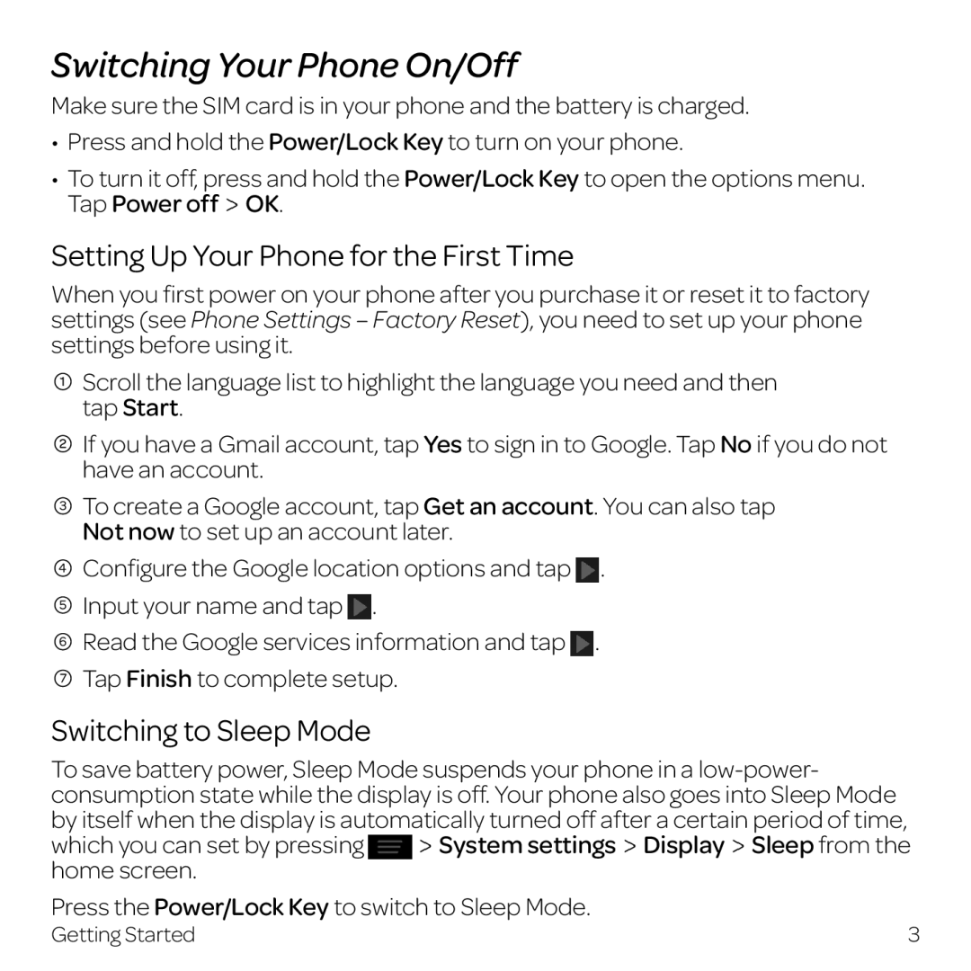 AT&T Z998 manual Switching Your Phone On/Off, Setting Up Your Phone for the First Time, Switching to Sleep Mode 